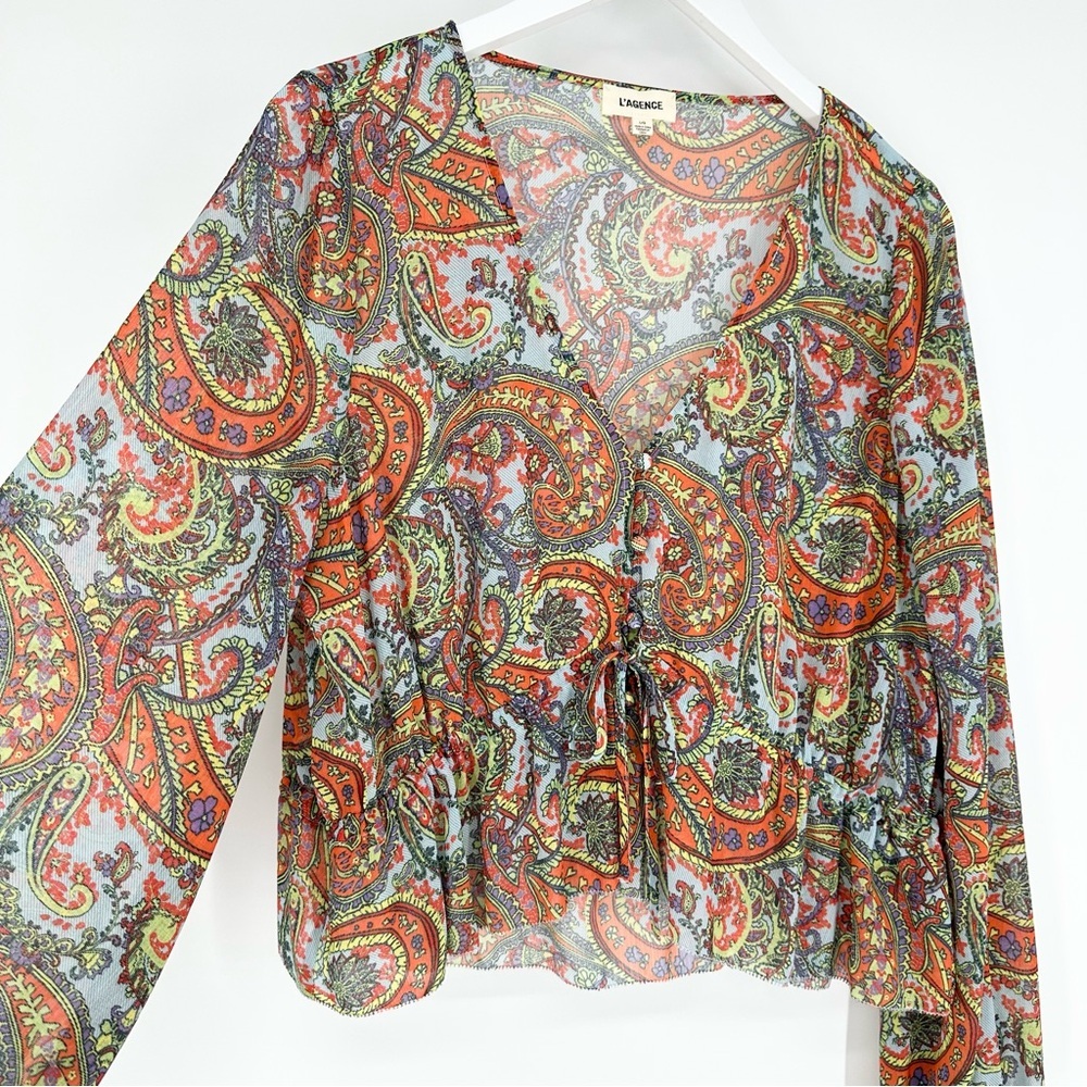 L'agence Pixie Bohemian Long Sleeve Paisley Print Crepe De Chine Blouse - Picture 3 of 13